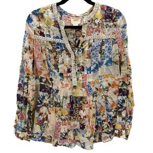 Maeve Anthropologie Floral Patchwork Shirt Crochet Neck Flowy Artsy Women Size 8